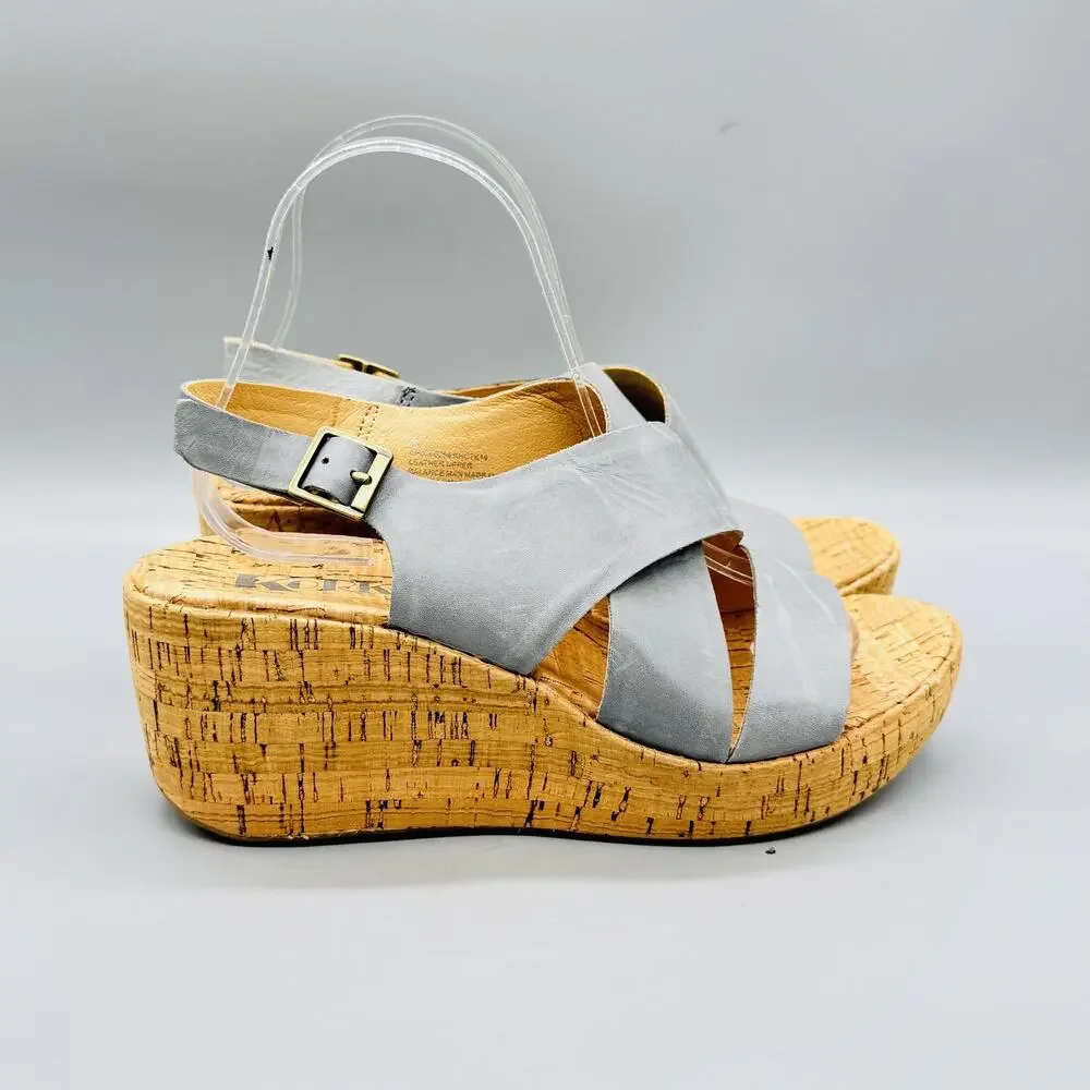 Korks Sandals Womens 8 Gray Leather Slingback Cork Wedge Platform Comfort Shoes